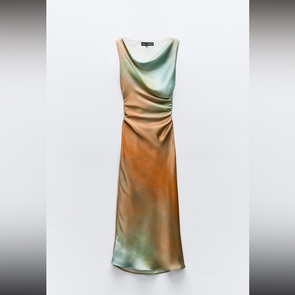 Zara Tie Dye Print Midi Dress Tan and Green Long Cowl Neck size M